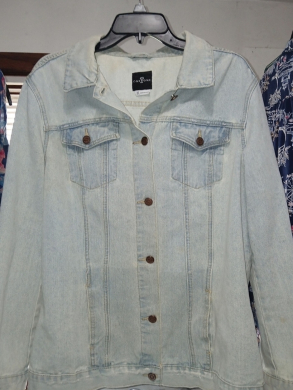 one 5 one Denim Jacket With Embellishments On Back And Distressed Sleeves. L